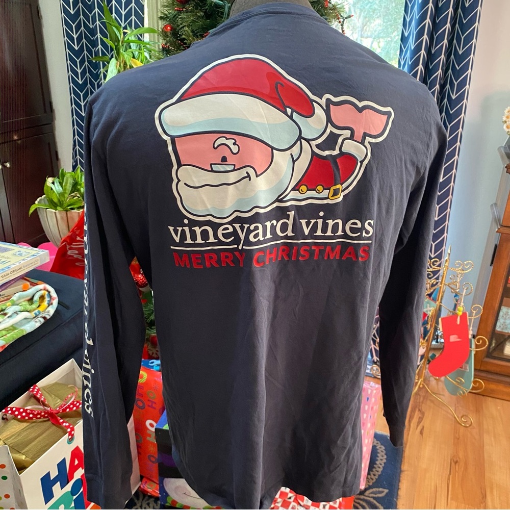 Vineyard Vines Navy Santa Whale Long Sleeve Pocket Tee Shirt